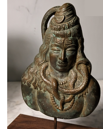 Antique bronze bust of Shiva with verdigris patina